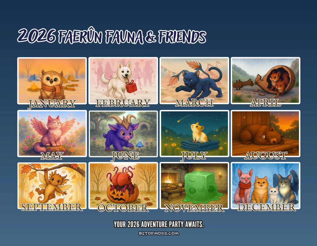 2026 Fantasy Creature Wall Calendar | Cozy D&D Inspired Faerûn Art